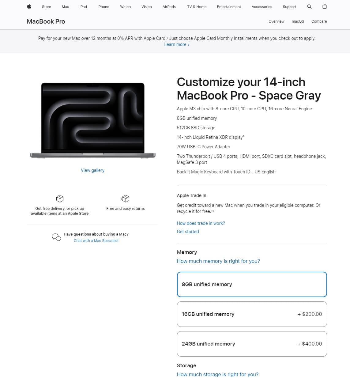 Σελίδα προϊόντος της Apple με προτάσεις αναβάθμισης μεγέθους και αποθηκευτικού χώρου